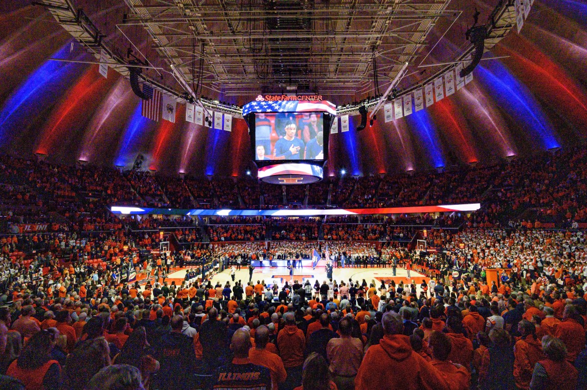 The national anthem is preformed prior to the first half before a 2020 game between the Illinois Fighting Illini and the Maryland Terrapins at State Farm Center.
