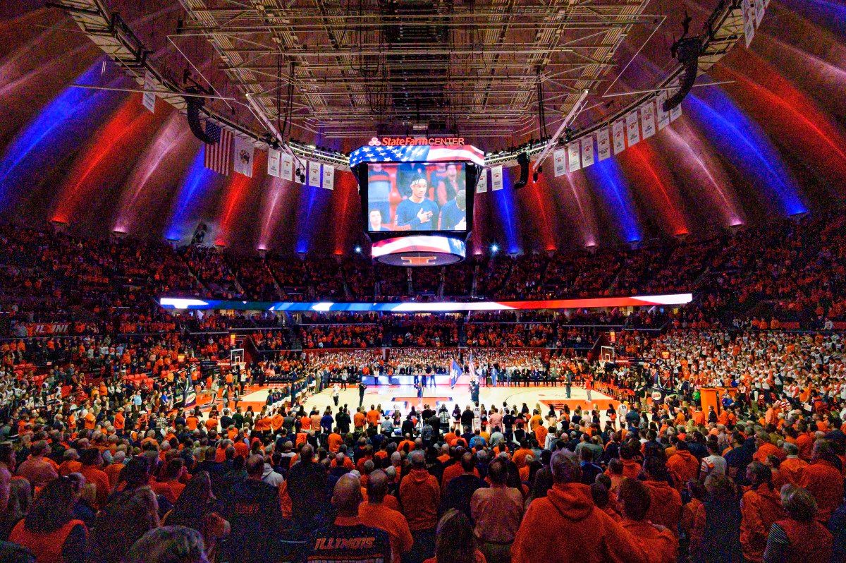 The national anthem is preformed prior to the first half before a 2020 game between the Illinois Fighting Illini and the Maryland Terrapins at State Farm Center.