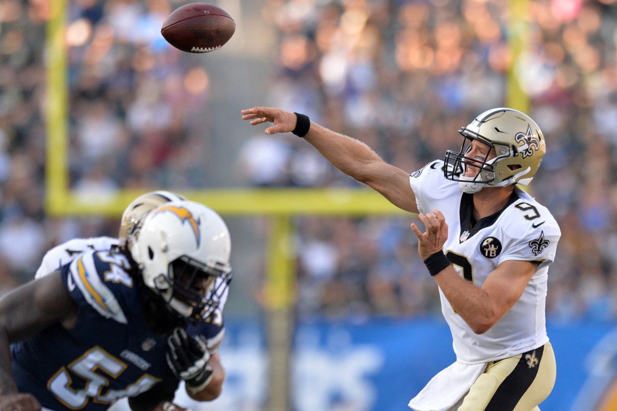 Aug 25, 2018; Carson, CA, USA; New Orleans Saints quarterback Drew Brees (9) passes during the second quarter against the Los Angeles Chargers at StubHub Center. Mandatory Credit: Jake Roth-USA TODAY