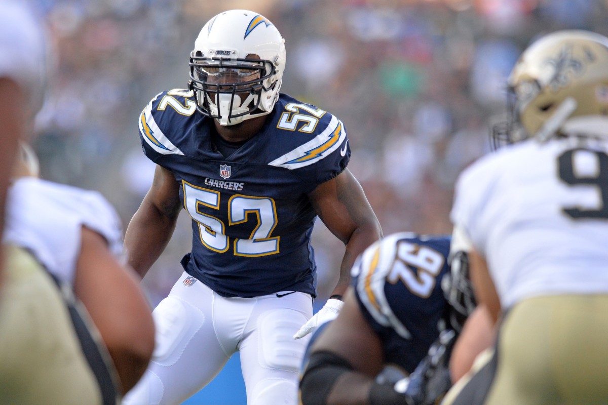 Aug 25, 2018; Carson, CA, USA; Los Angeles Chargers linebacker Denzel Perryman (52) in the field during the first quarter against the New Orleans Saints at StubHub Center. Mandatory Credit: Jake Roth-USA TODAY