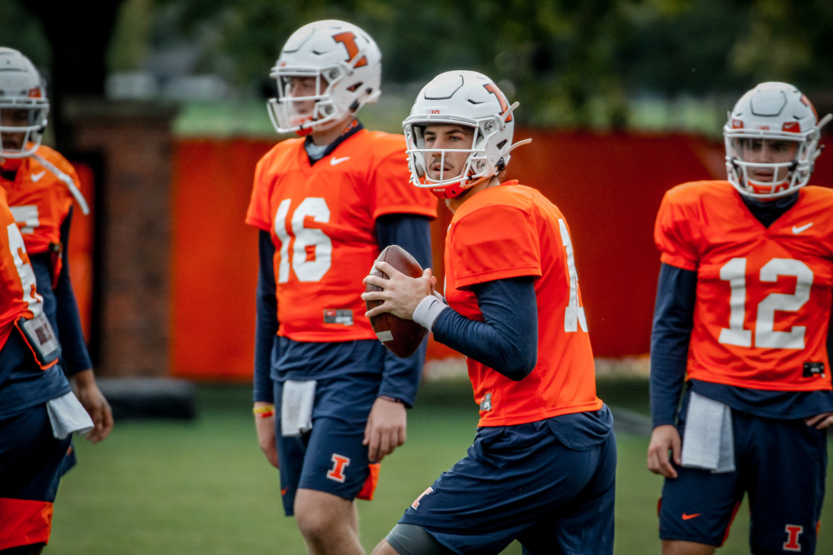 Illinois quarterback Brandon Peters working through drills during a Oct. 3 practice in Champaign, Ill.