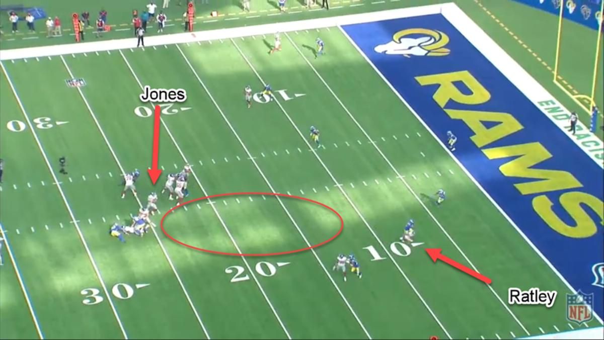 Giants-Rams fourth-quarter interception play. Screen clip via NFL Game Pass.