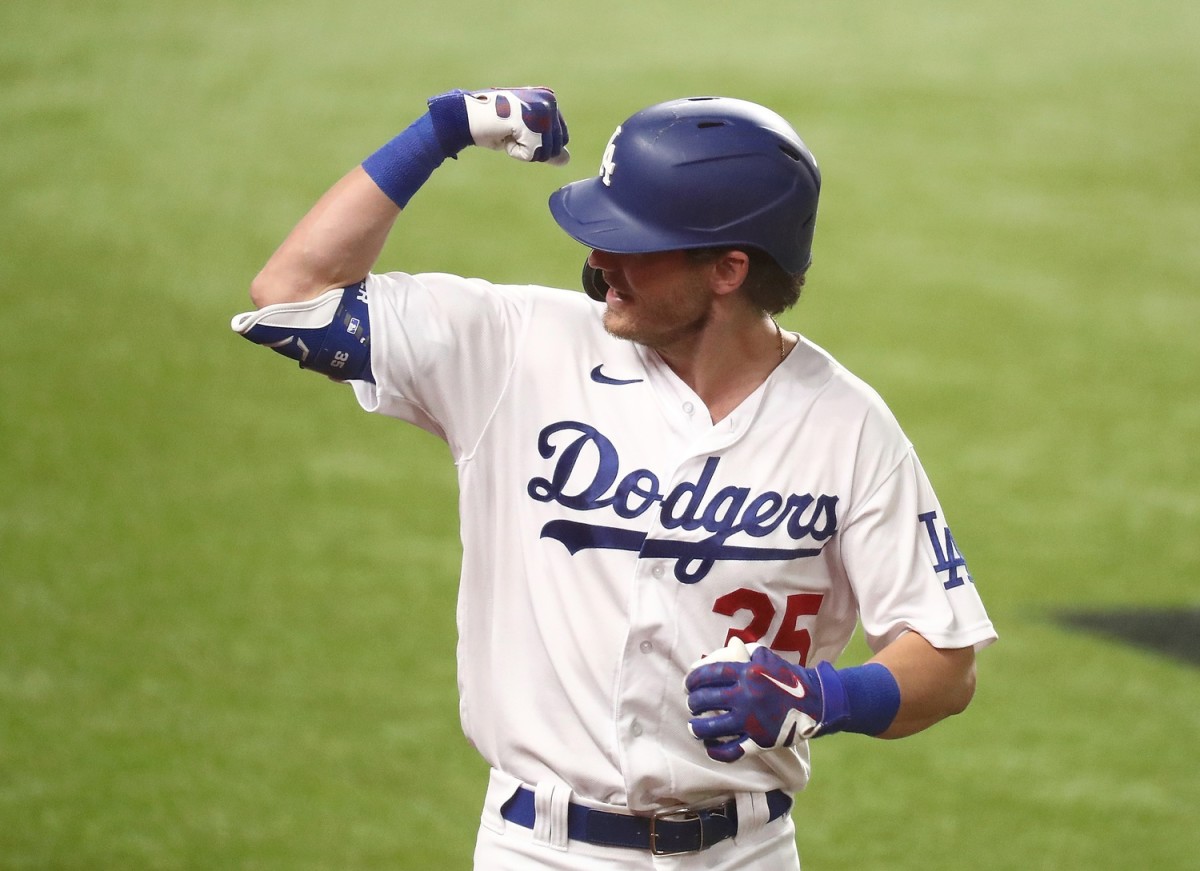 Oct 7, 2020; Arlington, Texas, USA; Los Angeles Dodgers center fielder Cody Bellinger (35) celebrates after hitting a solo home run off of San Diego Padres starting pitcher Zach Davies (not pictured) during the fourth inning in game two of the 2020 NLDS at Globe Life Field. Mandatory Credit: Kevin Jairaj-USA TODAY Sports
