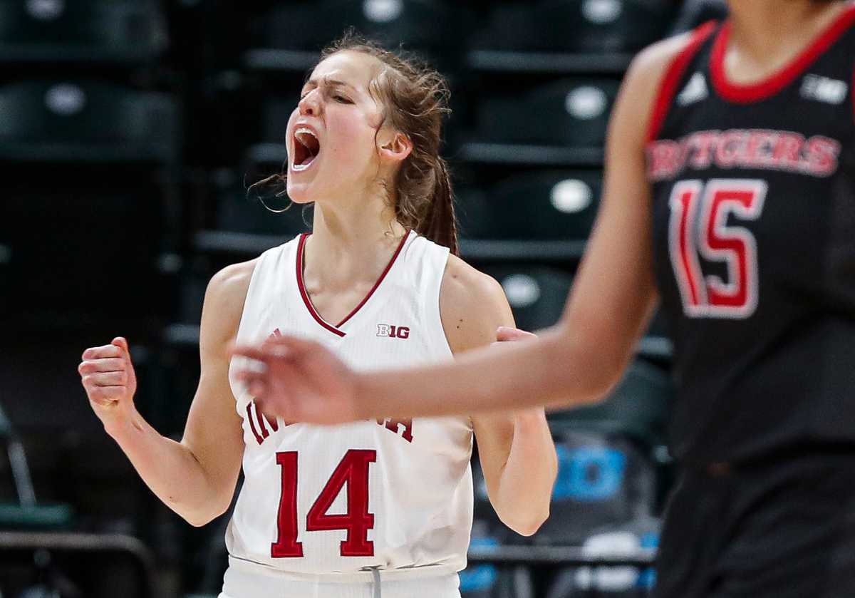 Indiana Hoosiers guard Ali Patberg (14) yells during the Big Ten women's basketball tournament at Bankers Life Fieldhouse, Indianapolis, Friday, March 6, 2020.