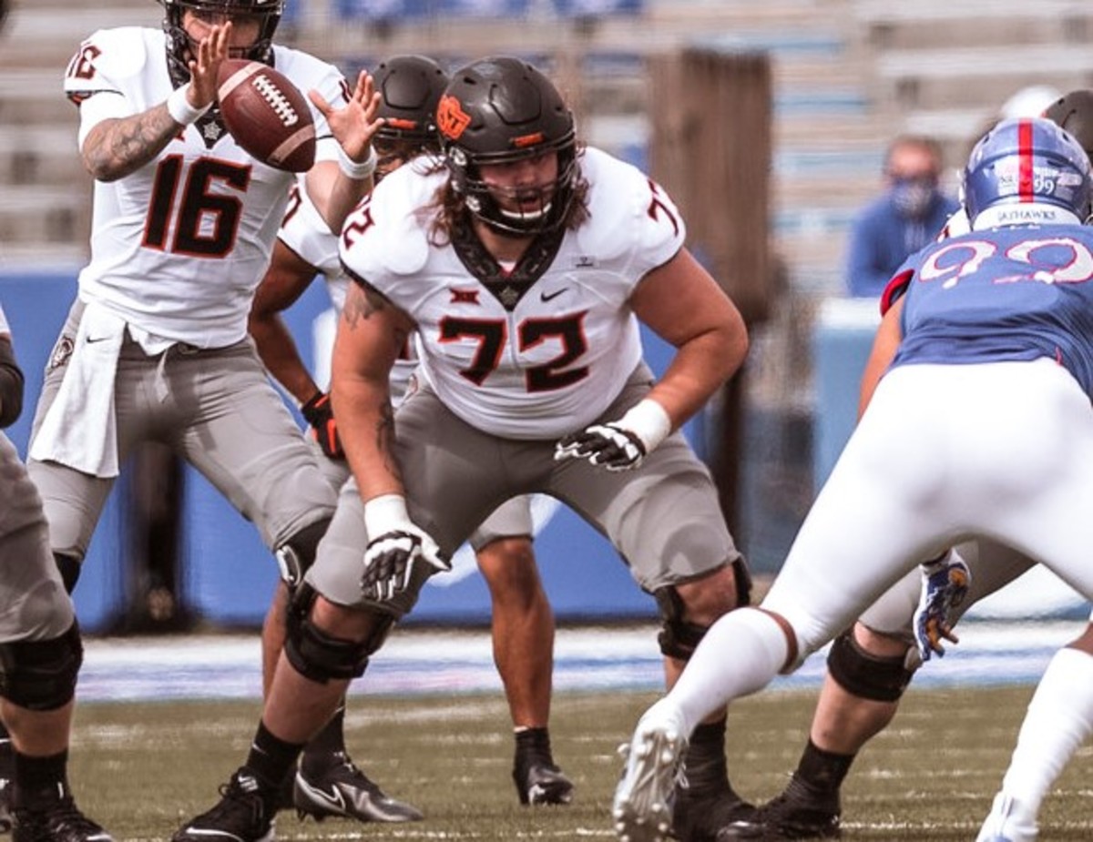 Josh Sills shown in last week's game at Kansas has been a tremendous addition to the OSU offensive line.