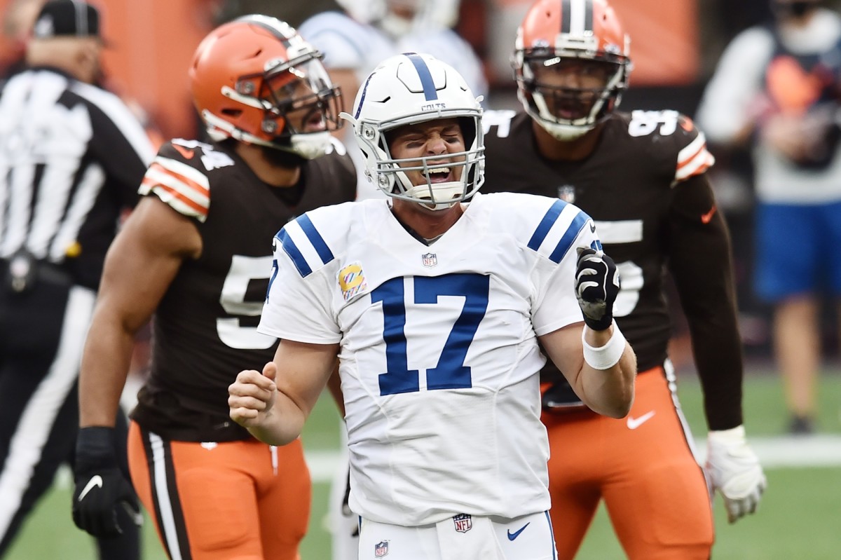 Indianapolis Colts quarterback Philip Rivers grimaces after a throwing an incomplete pass in Sunday's 32-23 road loss to the Cleveland Browns.