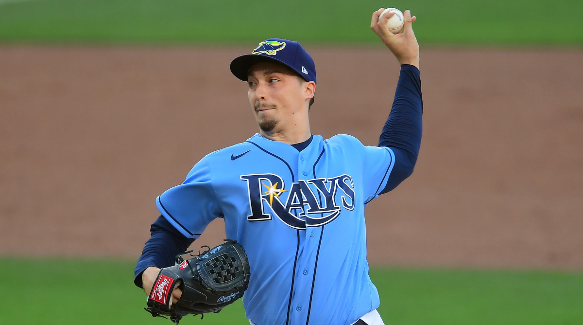 Tampa Bay Rays starting pitcher Blake Snell (4) pitching against the Houston Astros during the first inning in game one of the 2020 ALCS at Petco Park.
