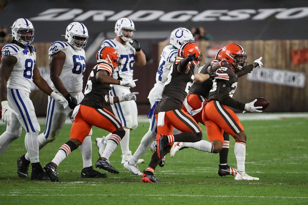 The Cleveland Browns defense celebrates a second interception of quarterback Philip Rivers in the Indianapolis Colts' 32-23 road loss on Sunday.