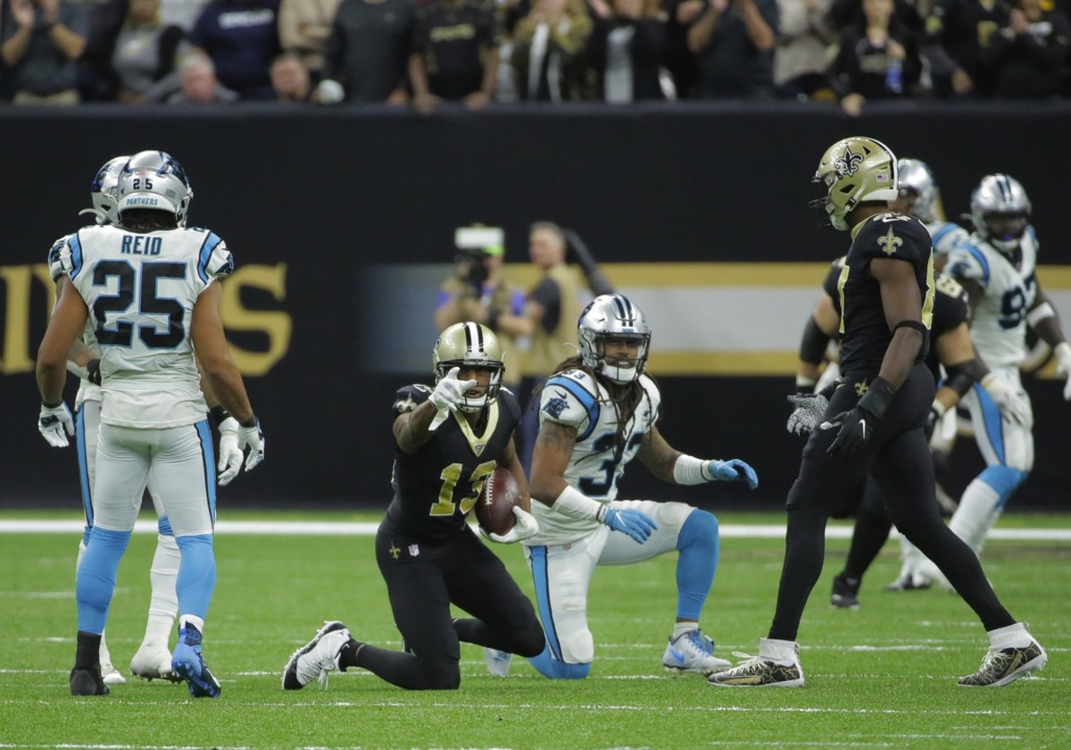 Nov 24, 2019; New Orleans, LA, USA; New Orleans Saints wide receiver Michael Thomas (13) reacts after a first down catch during the fourth quarter against the Carolina Panthers at the Mercedes-Benz Superdome. Mandatory Credit: Derick E. Hingle-USA TODAY