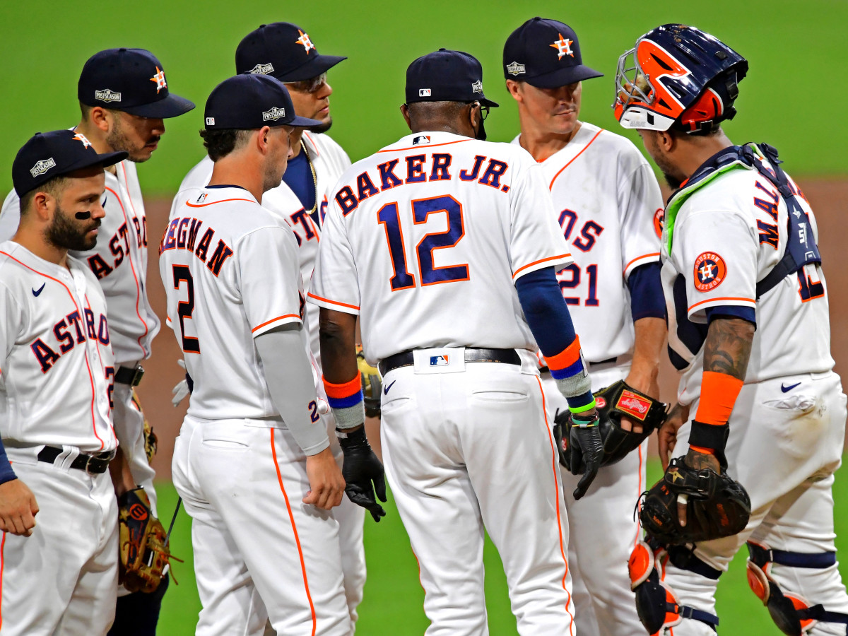 Oct 14, 2020; San Diego, California, USA; Houston Astros manager Dusty Baker talks with starting pitcher Zack Greinke (21) on the mound during the sixth inning against the Tampa Bay Rays during game four of the 2020 ALCS at Petco Park.