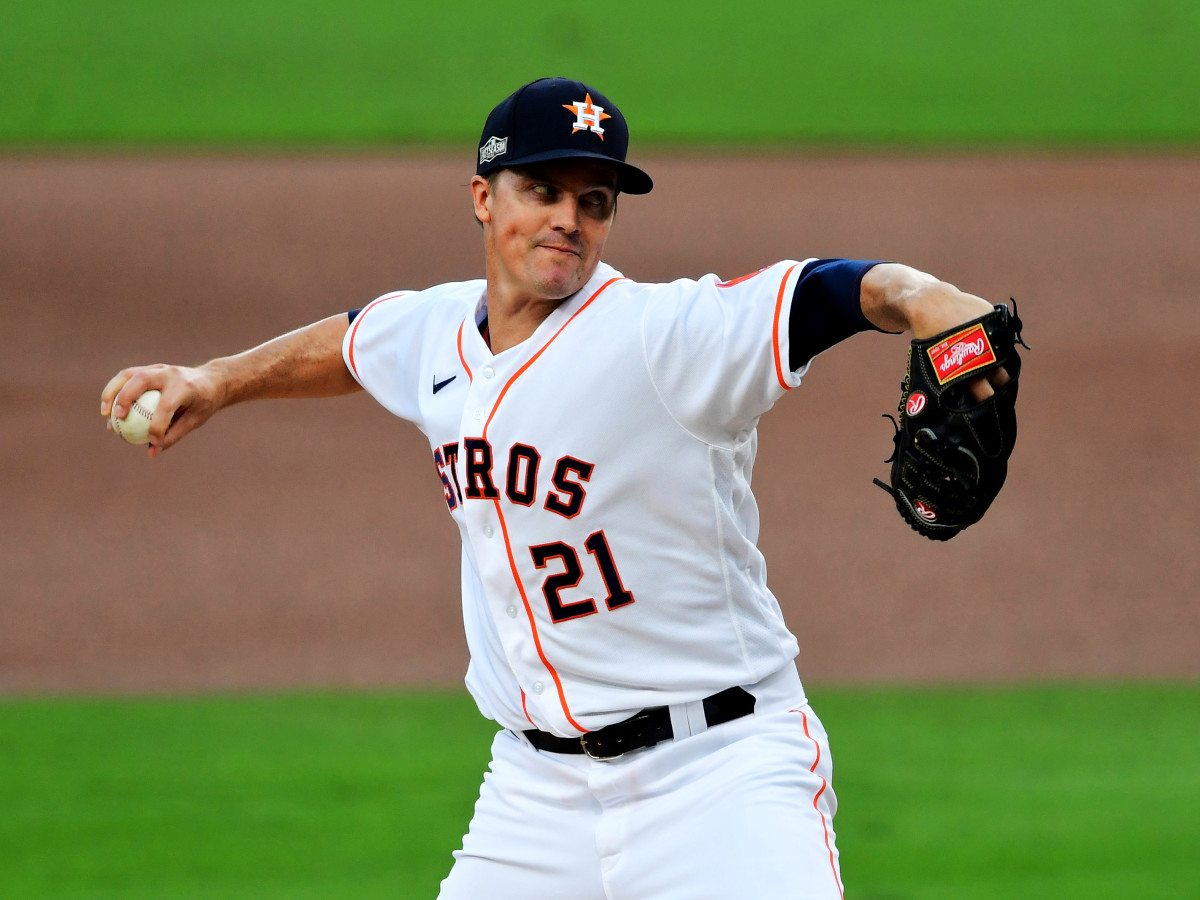 Oct 14, 2020; San Diego, California, USA; Houston Astros starting pitcher Zack Greinke (21) pitches in the first inning against the Tampa Bay Rays during game four of the 2020 ALCS at Petco Park.
