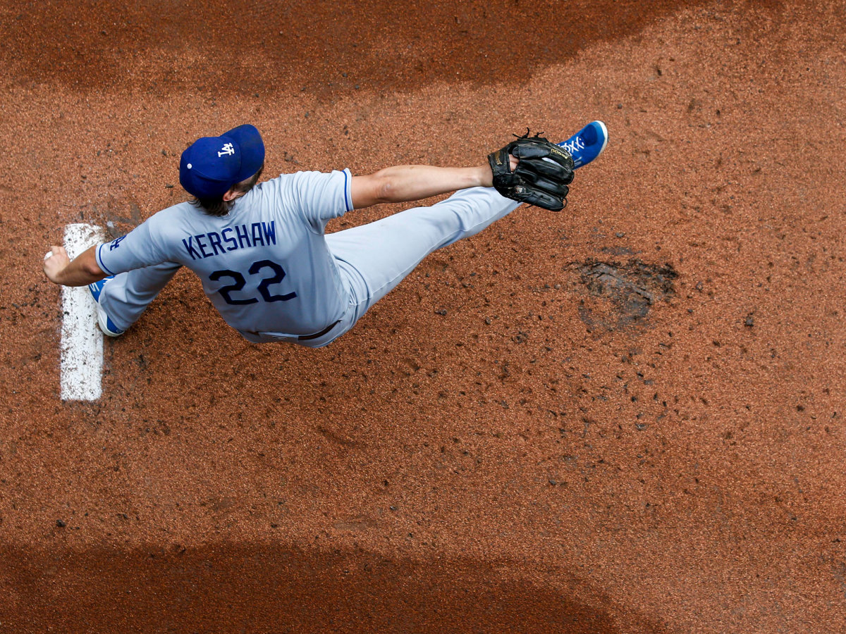 Overhead shot of Clayton Kershaw throwing