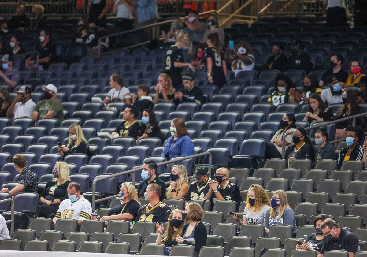 Sep 27, 2020; New Orleans, Louisiana, USA; A socially distanced crowd of team family members in attendance during the first quarter between the New Orleans Saints and the Green Bay Packers at the Mercedes-Benz Superdome. M