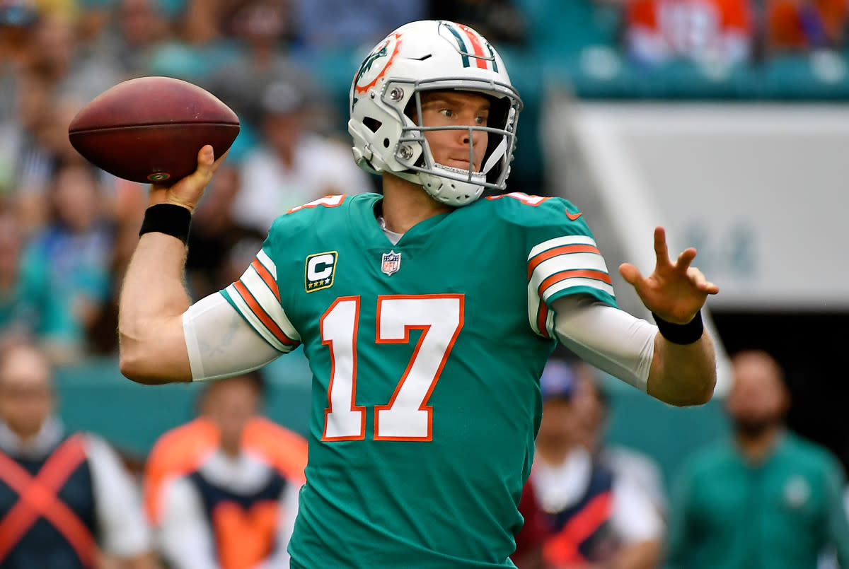 Dolphins quarterback Ryan Tannehill attempts a pass in a 2018 game against the Jaguars.