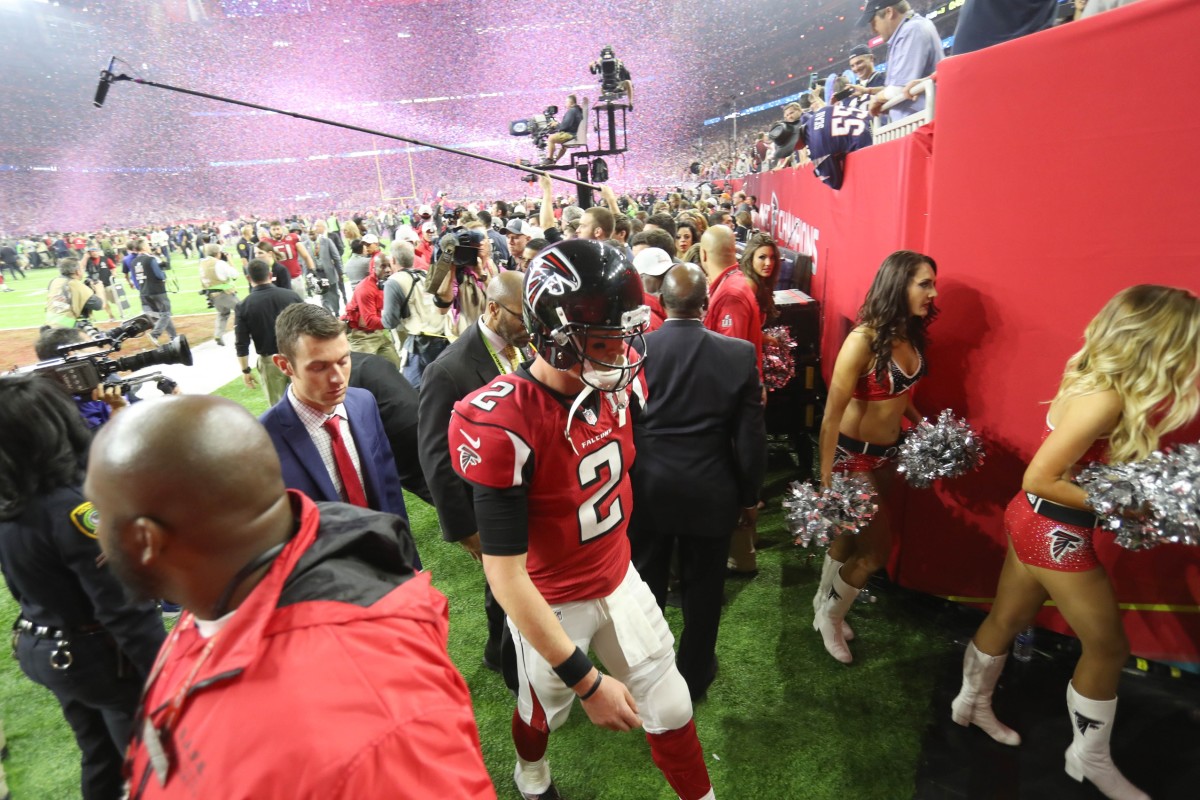 Matt Ryan walking to the locker room following the Patriots Super Bowl comeback win