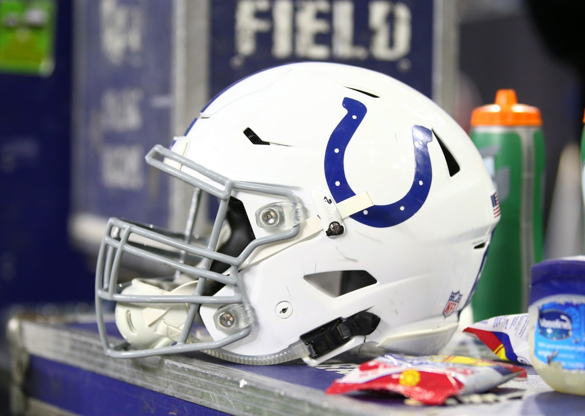 An Indianapolis Colts helmet on the sideline during a game.