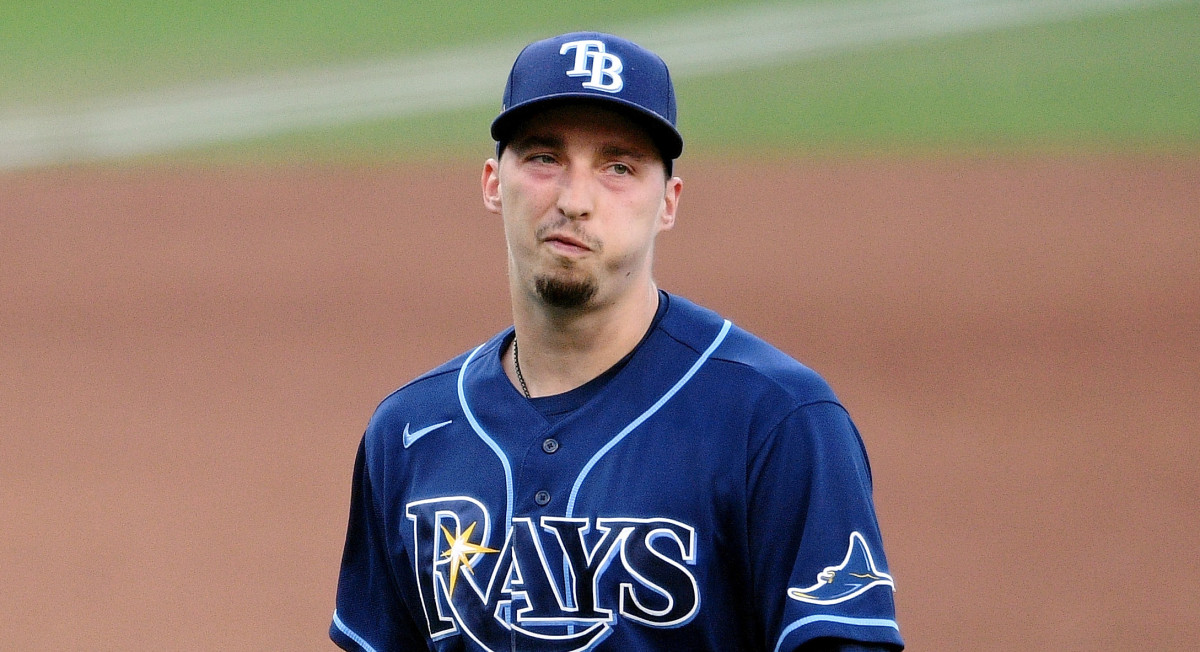 Tampa Bay Rays starting pitcher Blake Snell (4) reacts after being taken out of the game against the Houston Astros during the fifth inning during game six of the 2020 ALCS at Petco Park.