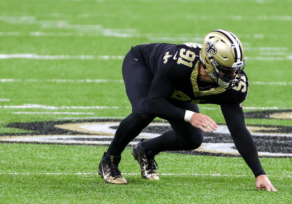 Sep 27, 2020; New Orleans, Louisiana, USA; New Orleans Saints defensive end Trey Hendrickson (91) against the Green Bay Packers during the second half at the Mercedes-Benz Superdome. Mandatory Credit: Derick E. Hingle-USA TODAY
