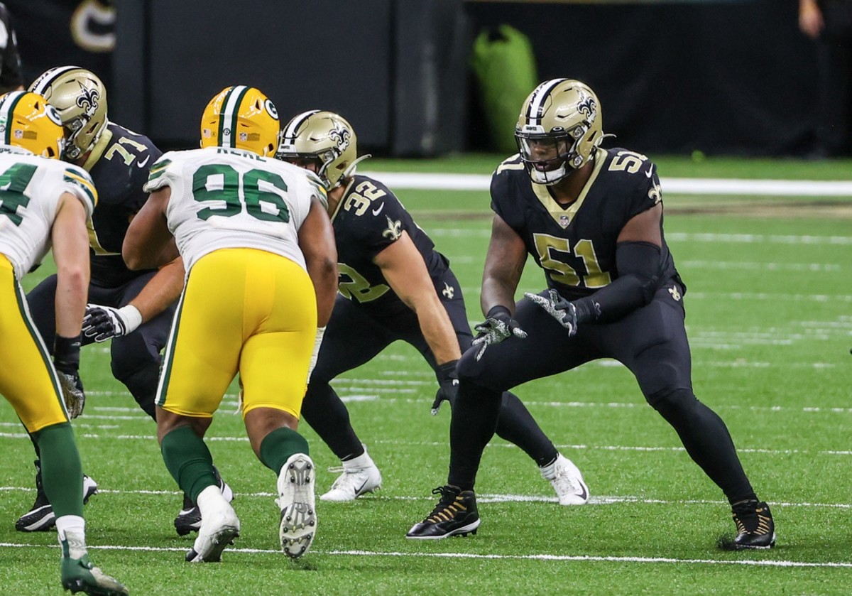 Sep 27, 2020; New Orleans, Louisiana, USA; New Orleans Saints center Cesar Ruiz (51) blocks against the Green Bay Packers during the second half at the Mercedes-Benz Superdome. Mandatory Credit: Derick E. Hingle-USA TODAY