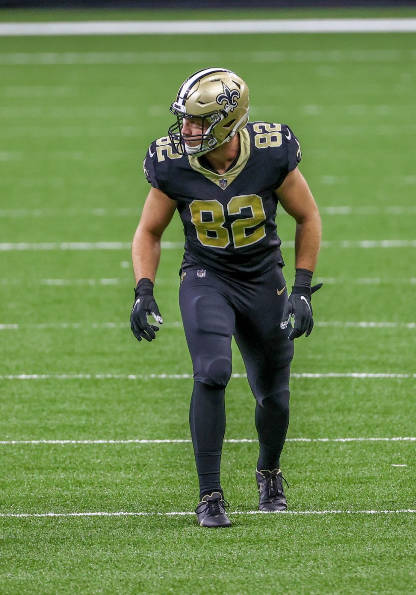 Sep 27, 2020; New Orleans, Louisiana, USA; New Orleans Saints tight end Adam Trautman (82) against the Green Bay Packers during the second half at the Mercedes-Benz Superdome. Mandatory Credit: Derick E. Hingle-USA TODAY
