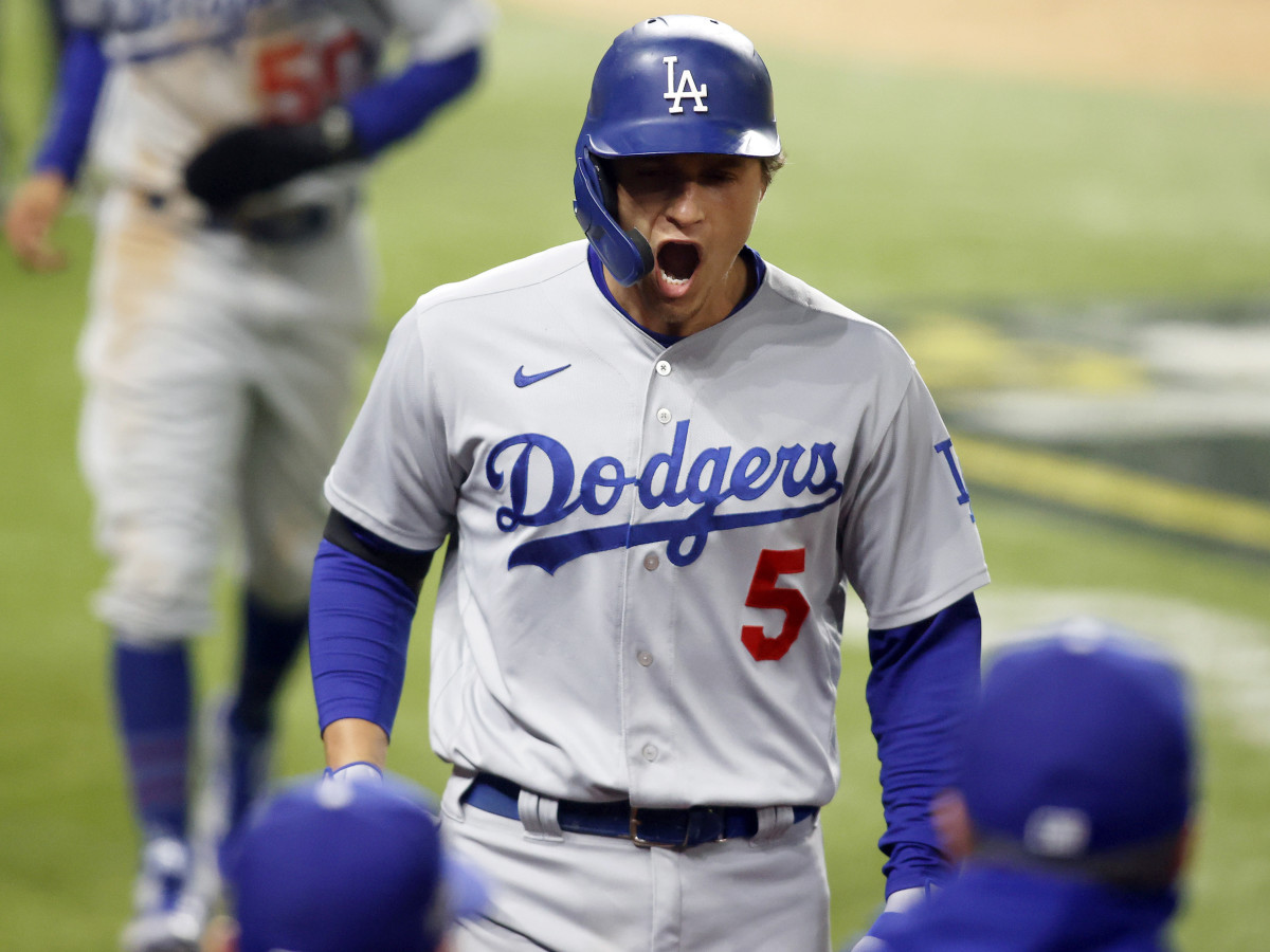Oct 16, 2020; Arlington, Texas, USA; Los Angeles Dodgers shortstop Corey Seager (5) celebrates a two-run home run against the Atlanta Braves during the seventh inning in game five of the 2020 NLCS at Globe Life Field.