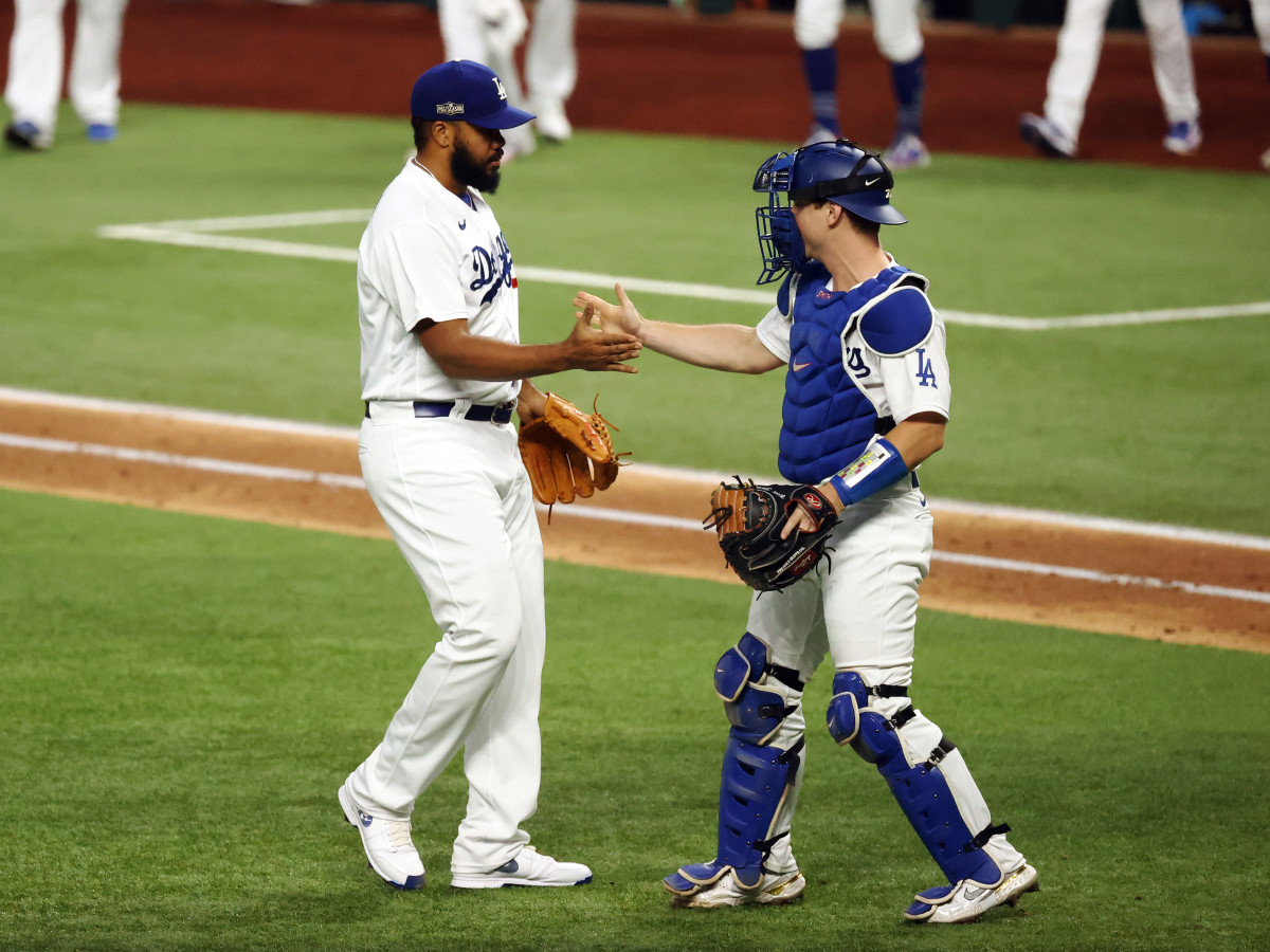 Oct 17, 2020; Arlington, Texas, USA; Los Angeles Dodgers relief pitcher Kenley Jansen (74) celebrates after defeating the Atlanta Braves to win game six of the 2020 NLCS at Globe Life Field.