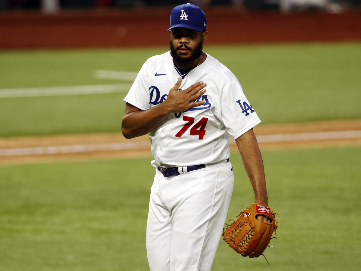 Oct 17, 2020; Arlington, Texas, USA; Los Angeles Dodgers relief pitcher Kenley Jansen (74) reacts to the last out in the ninth inning against the Atlanta Braves during game six of the 2020 NLCS at Globe Life Field.