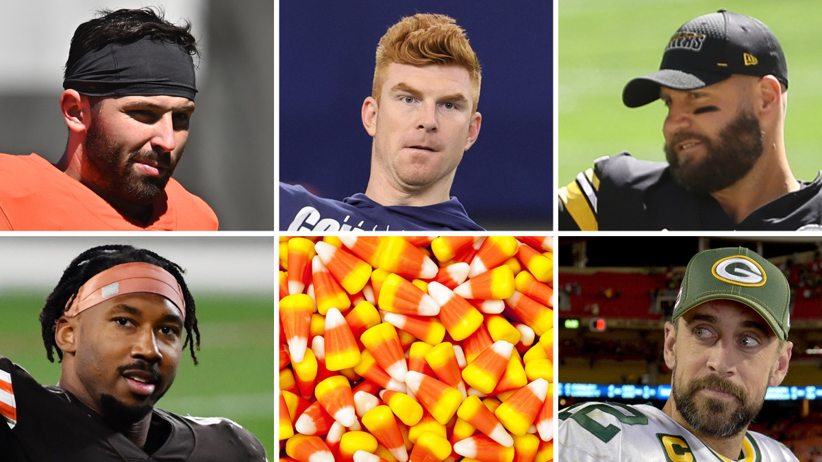 NFL Week 6 Preview, clockwise from top-left: Baker Mayfield, Andy Dalton, Ben Roethlisberger, Aaron Rodgers, candy corn, Myles Garrett