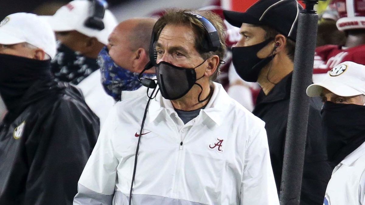 Alabama Head Coach Nick Saban patrols the sideline during the second half of Alabama's 41-24 win over Georgia at Bryant-Denny Stadium.