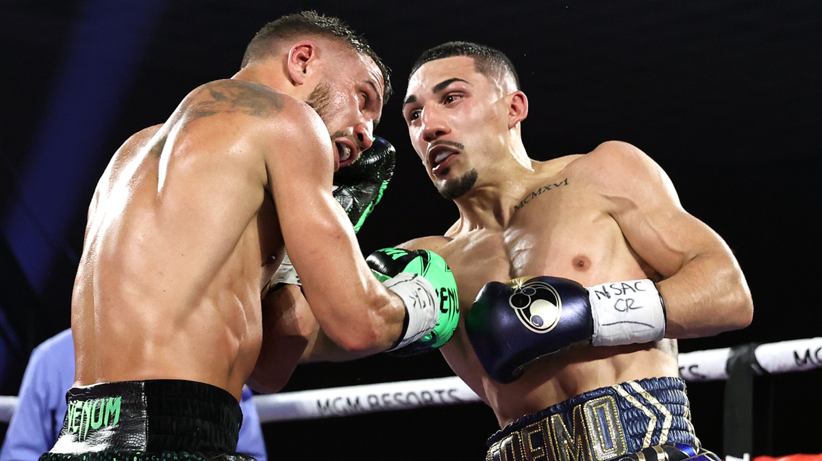 Vasiliy Lomachenko fights Teofimo Lopez Jr in their Lightweight World Title bout at MGM Grand Las Vegas Conference Center on October 17, 2020 in Las Vegas, Nevada.