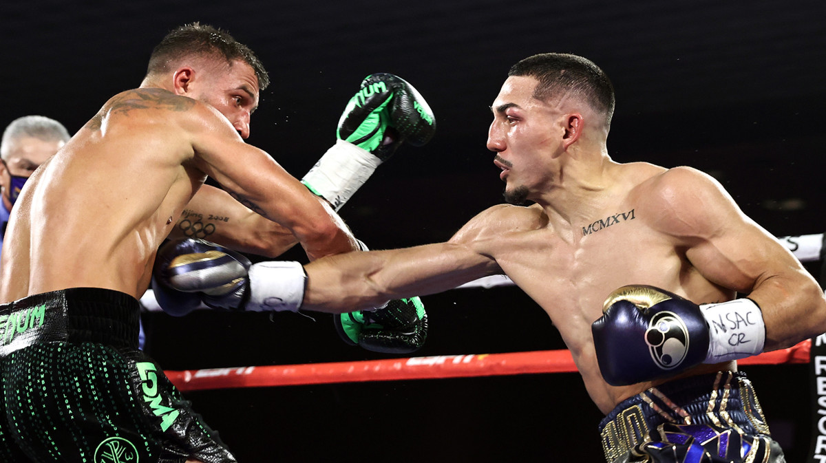 Vasiliy Lomachenko fights Teofimo Lopez Jr in their Lightweight World Title bout at MGM Grand Las Vegas Conference Center on October 17, 2020 in Las Vegas, Nevada.
