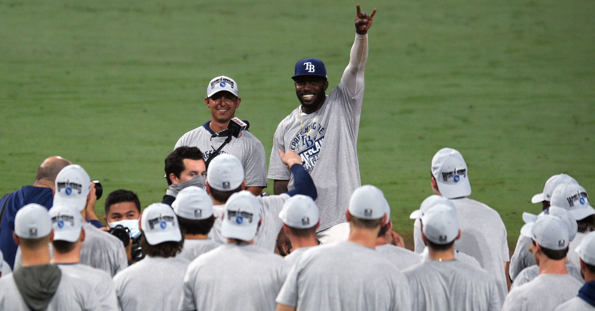 Tampa Bay Rays left fielder Randy Arozarena (56) and the Rays celebrate the victory against the Houston Astros following game seven of the 2020 ALCS at Petco Park.