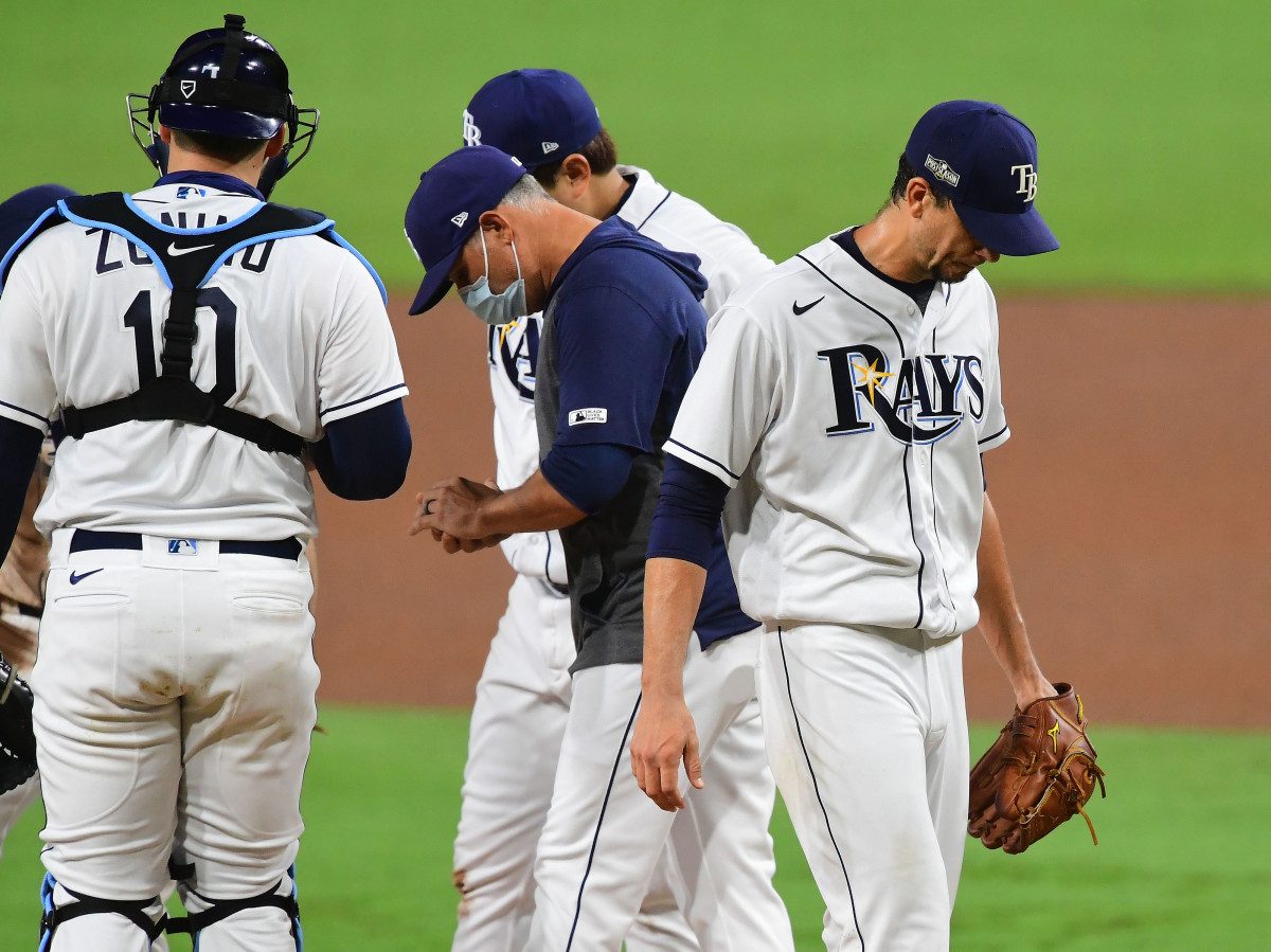 Tampa Bay Rays starting pitcher Charlie Morton (50) is relieved against the Houston Astros during the sixth inning in game seven of the 2020 ALCS at Petco Park.
