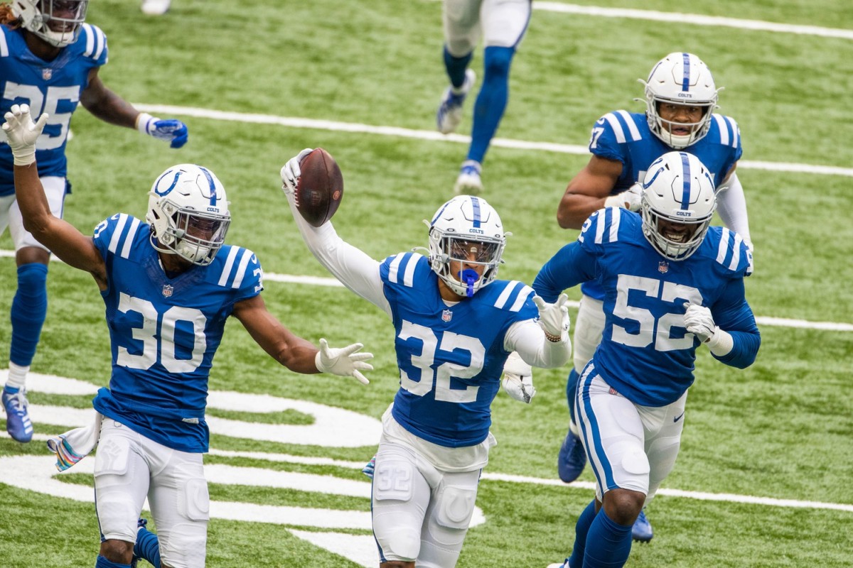 Indianapolis Colts rookie safety Julian Blackmon (32) celebrates a game-clinching interception in the final minute of Sunday's 31-27 home win over the Cincinnati Bengals.