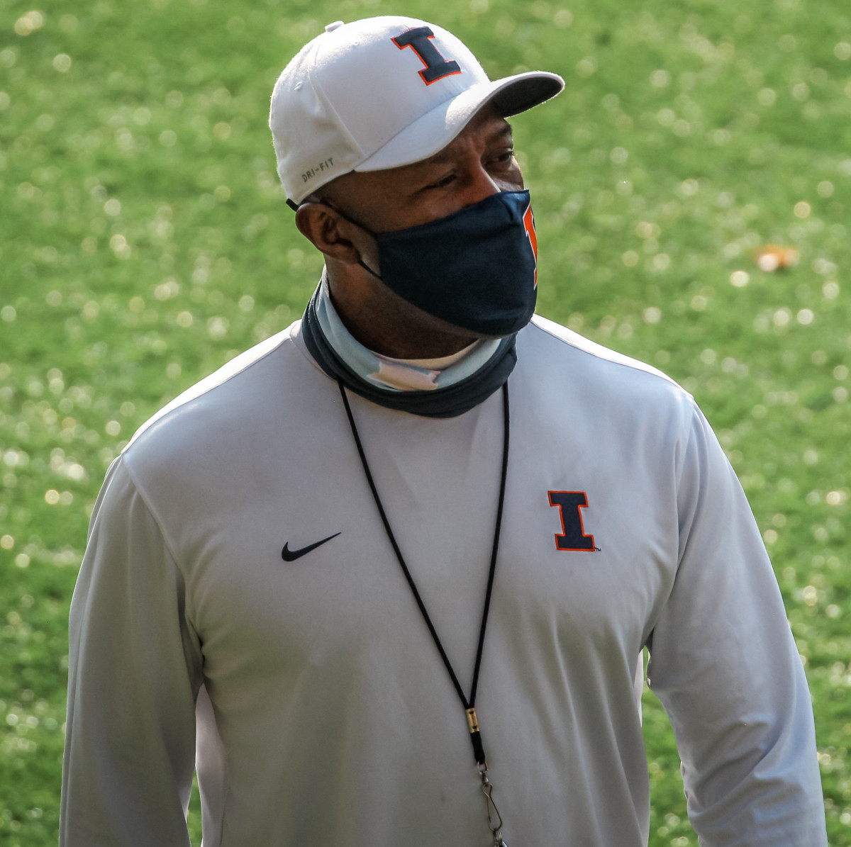 Illinois head coach Lovie Smith wearing his make while conducting a practice session on Oct. 12 in Champaign, Ill. The Illini will open up Big Ten Conference play Friday night at No. 14 Wisconsin (7 p.m., BTN). 