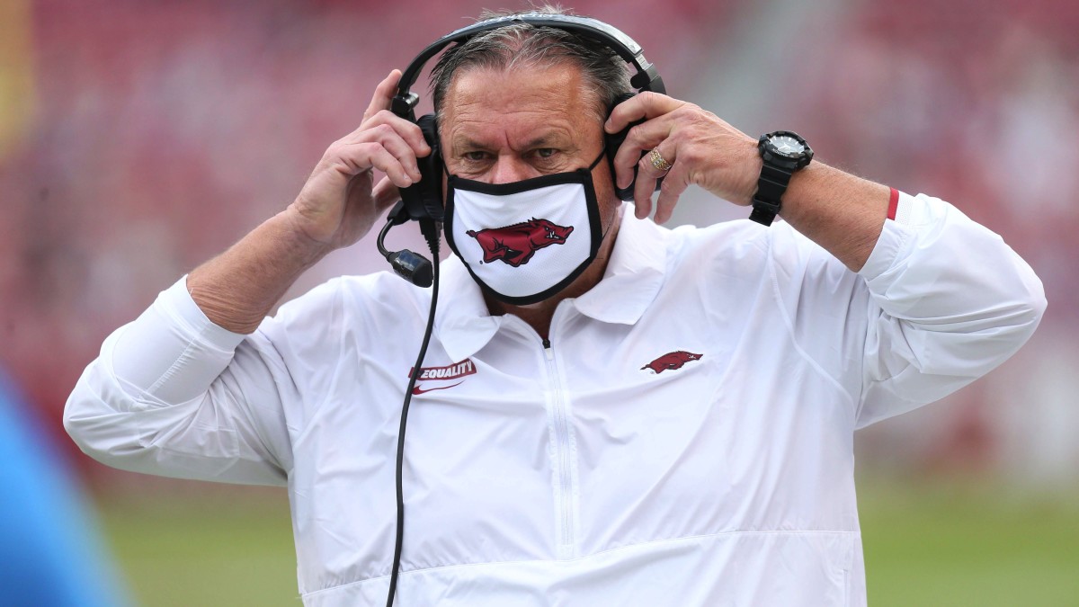 Arkansas Razorbacks head coach Sam Pittman during the second half against the Ole Miss Rebels at Donald W. Reynolds Razorback Stadium. Arkansa won 33-21.