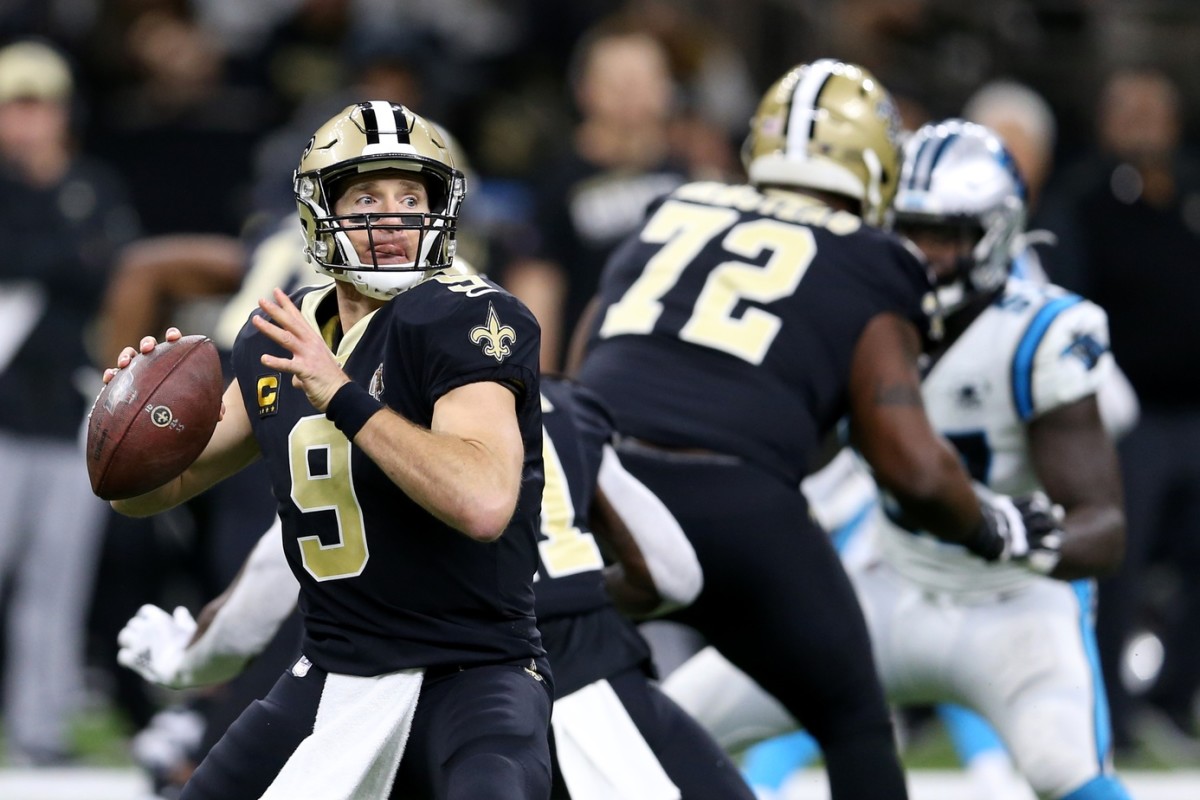 Nov 24, 2019; New Orleans, LA, USA; New Orleans Saints quarterback Drew Brees (9) looks to throw in the first quarter against the Carolina Panthers at the Mercedes-Benz Superdome. Mandatory Credit: Chuck Cook-USA TODAY Sports