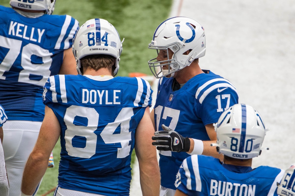 Indianapolis Colts quarterback Philip Rivers (17) utilized tight ends Jack Doyle (84) and Trey Burton with TD passes to each in Sunday's home win over the Cincinnati Bengals.