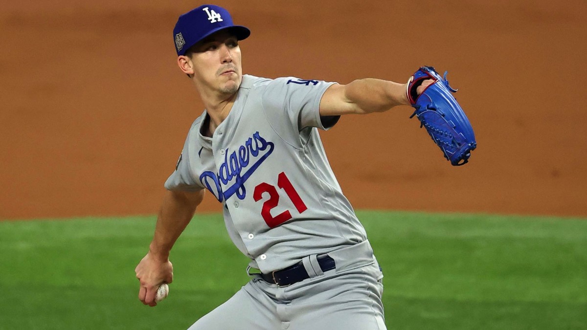 Los Angeles Dodgers starting pitcher Walker Buehler (21) throws against the Tampa Bay Rays during the first inning of game three of the 2020 World Series at Globe Life Field.