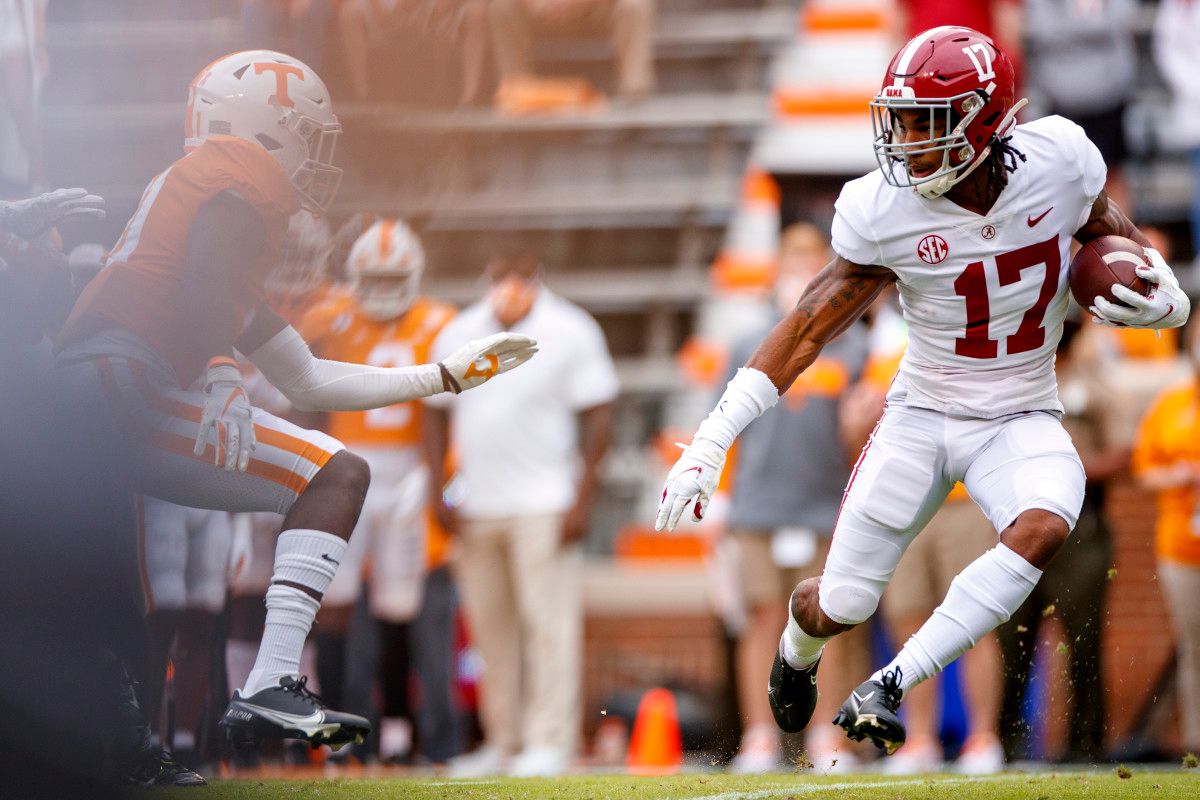 Jaylen Waddle on the opening kickoff at Tennessee