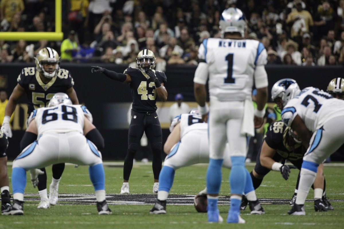 Jan 7, 2018; New Orleans, LA, USA; New Orleans Saints free safety Marcus Williams (43) signals as Carolina Panthers quarterback Cam Newton (1) waits for the snap during the first quarter in the NFC Wild Card playoff football game at Mercedes-Benz Superdome. Mandatory Credit: Derick E. Hingle-USA TODAY Sports
