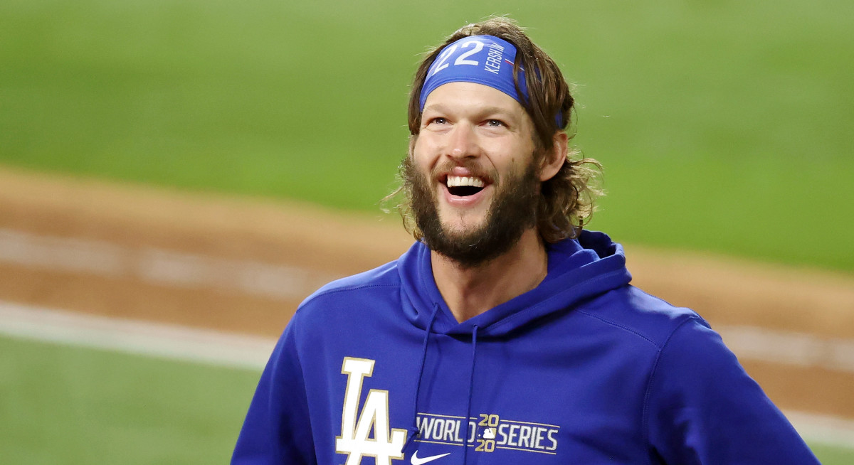 Los Angeles Dodgers starting pitcher Clayton Kershaw (22) celebrates their win over the Tampa Bay Rays in game five of the 2020 World Series at Globe Life Field. The Los Angeles Dodgers won 4-2.