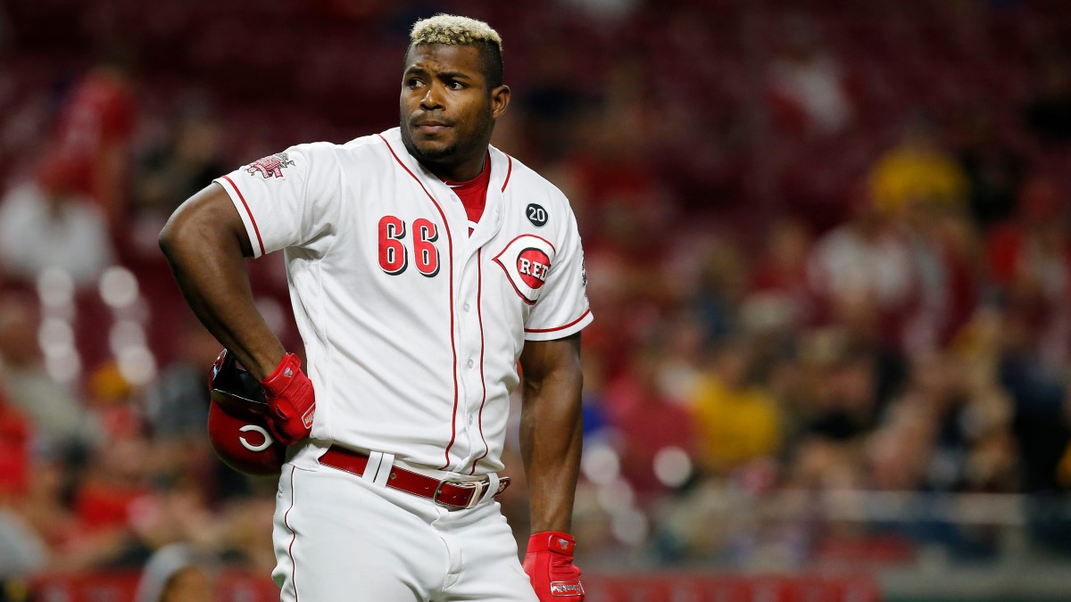 Yasiel Puig while playing for the Cincinnati Reds in 2019. He did not play for any MLB team in 2020 or 2021.