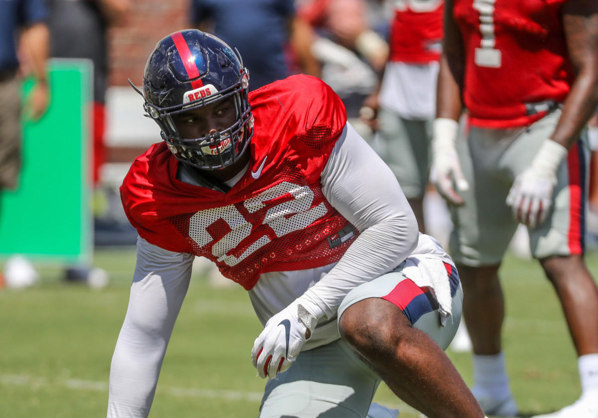 Tariqious Tisdale at Ole Miss Football Fall Camp scrimmage on August 22nd, 2020 at Vaught-Hemingway Stadium in Oxford, MS. (Josh McCoy, Ole Miss Athletics)