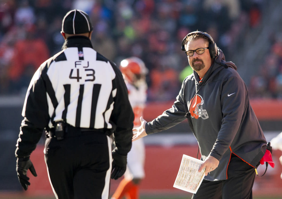 Former Browns interim head coach Gregg Williams questions an official during a 2018 game. Technically, he became the first Cleveland coach since the 1980s to have a winning career record.