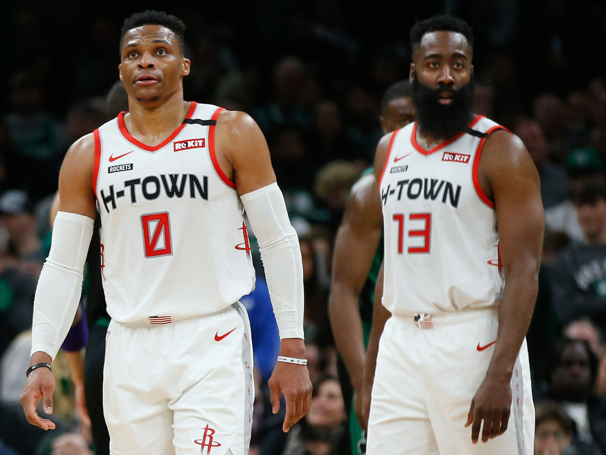 Houston Rockets guard Russell Westbrook (0) and guard James Harden (13) during the second half against the Boston Celtics at TD Garden.