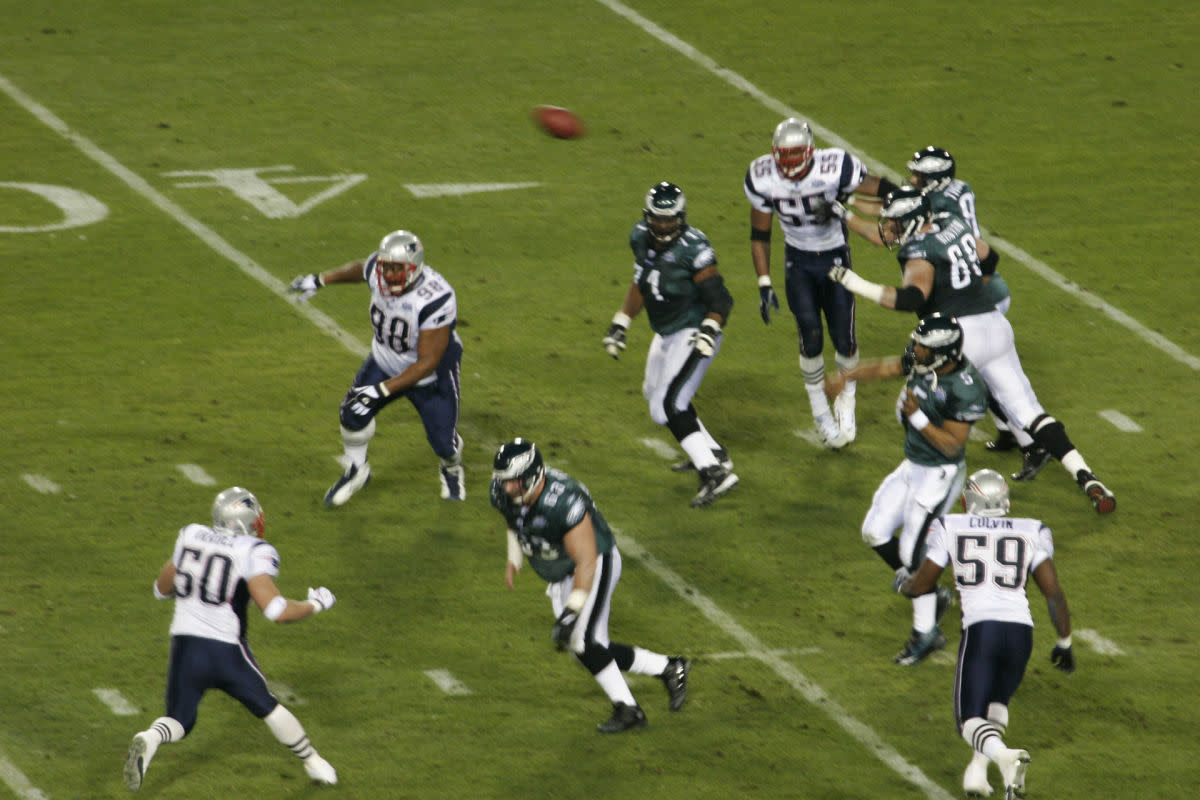 Former Eagles quarterback Donovan McNabb throws a pass during Super Bowl XXXIX.