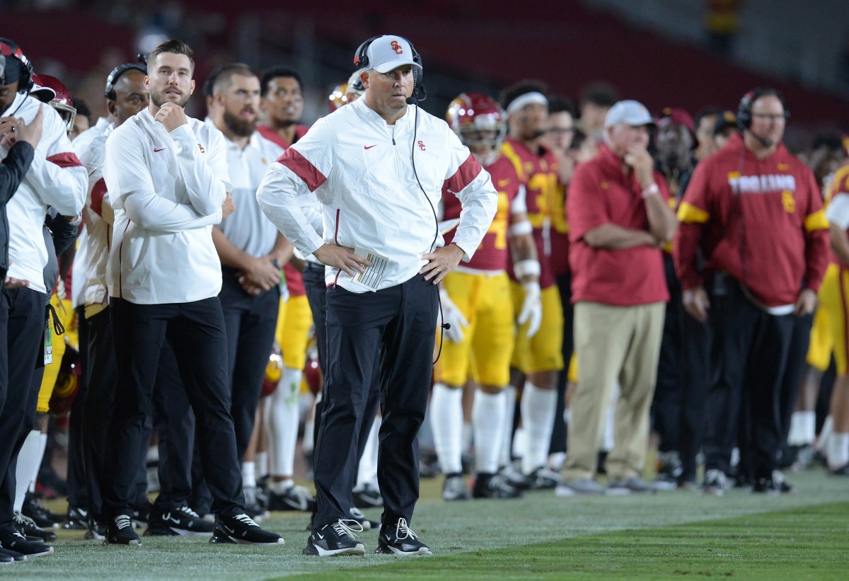 October 19, 2019; Los Angeles, CA, USA; Southern California Trojans head coach Clay Helton watches game action against the Arizona Wildcats during the second half at the Los Angeles Memorial Coliseum.
