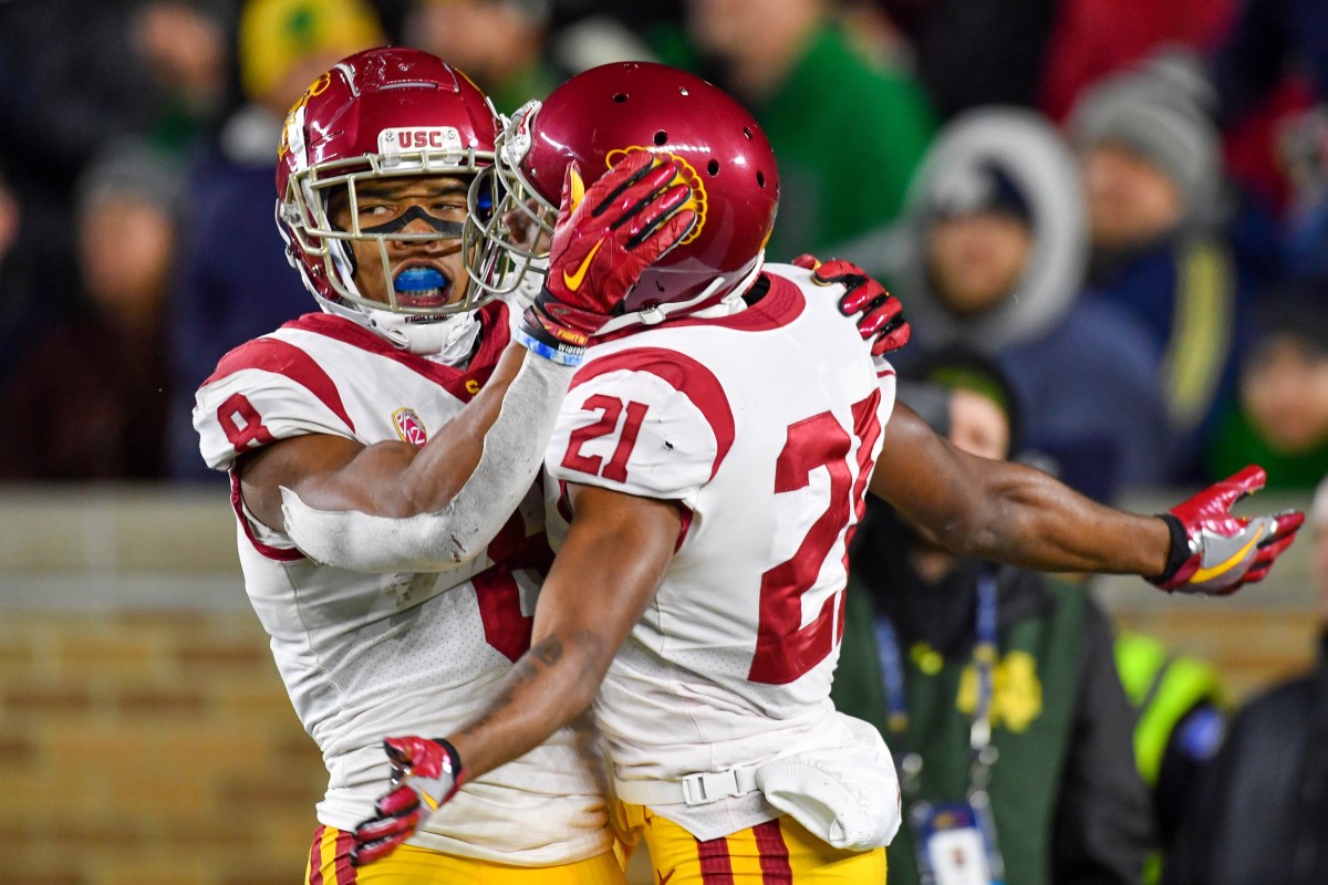 Oct 12, 2019; South Bend, IN, USA; USC Trojans wide receiver Amon-Ra St. Brown (8) celebrates after a touchdown with wide receiver Tyler Vaughns (21) in the third quarter against the Notre Dame Fighting Irish at Notre Dame Stadium.