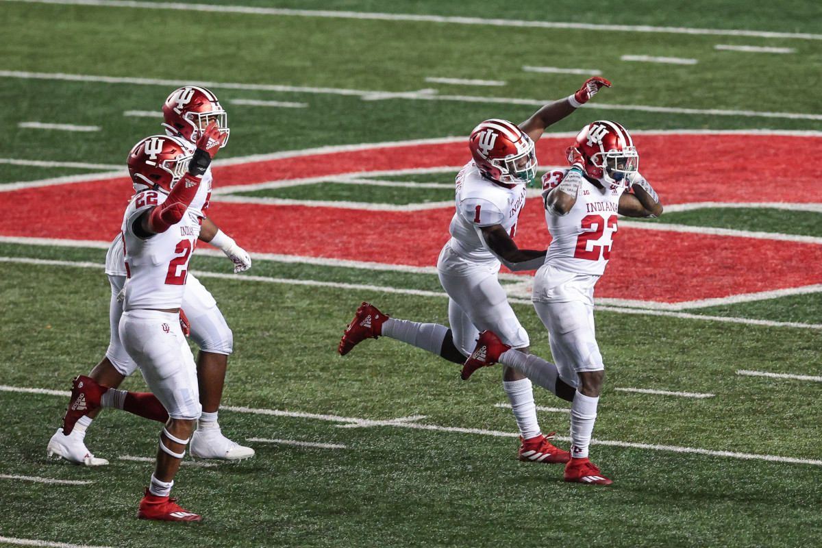 ndiana Hoosiers defensive back Jaylin Williams (23) and defensive back Devon Matthews (1) and defensive back Jamar Johnson (22) celebrate a defensive stop against the Rutgers Scarlet Knights during the second half at SHI Stadium.